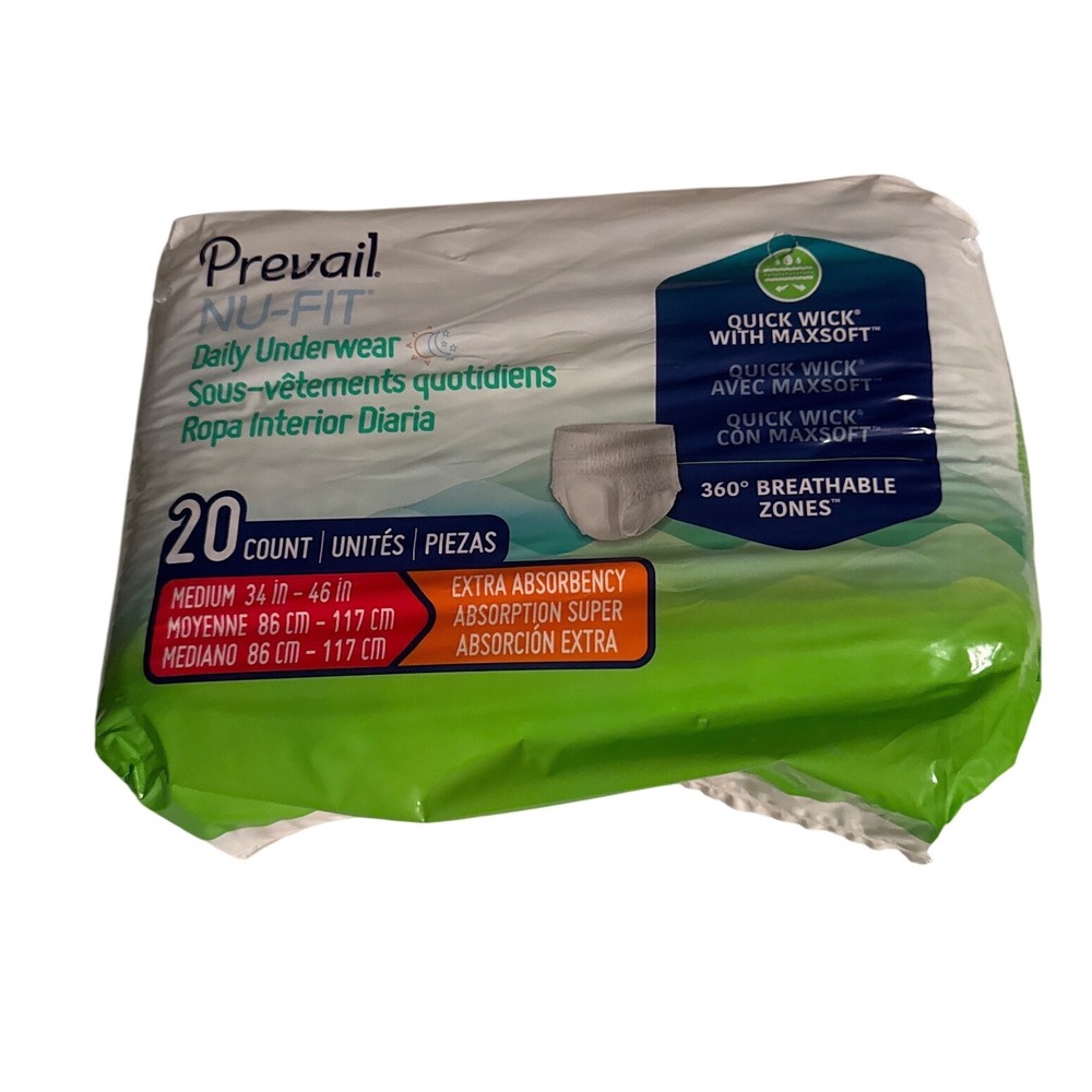 2 Box New Prevail Nu-Fit Daily Underwear Extra Absorbency Medium 34-46in 2x20=40